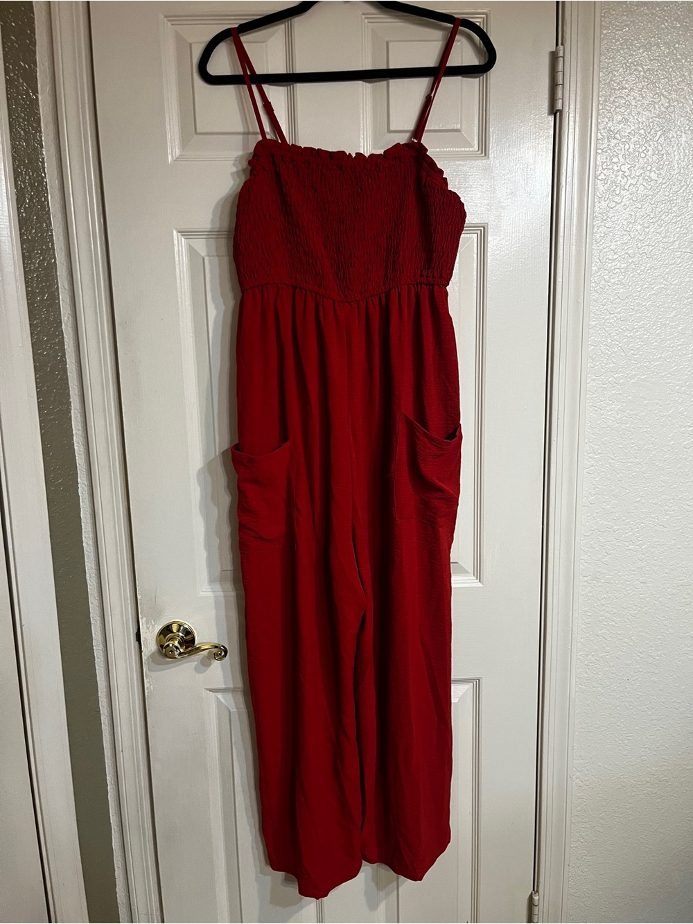 Rust Red Smocked Bodice Wide Leg Jumpsuit